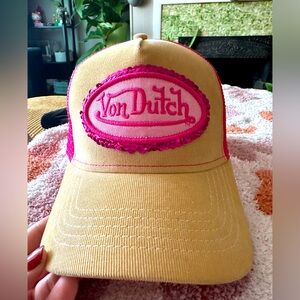 Von Dutch Limited Edition Pink Sequin On Beige Trucker Hat